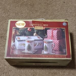 Spode Christmas Tree Mug and Coaster Set with Red and Green Accents